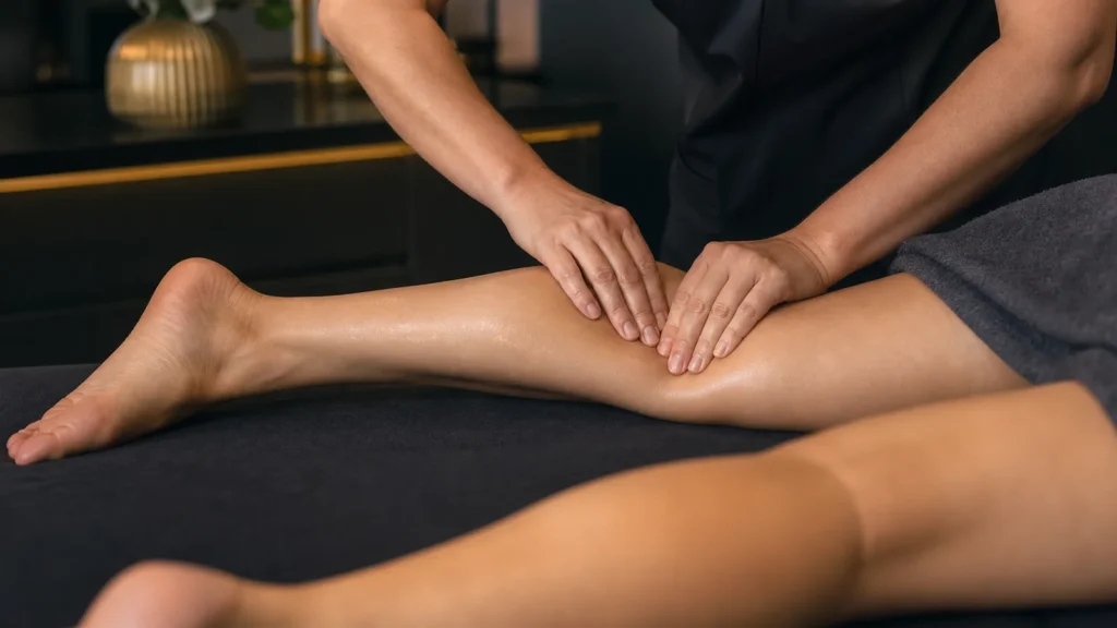 Dłonie terapeuty podczas manualnego masażu limfatycznego nogi