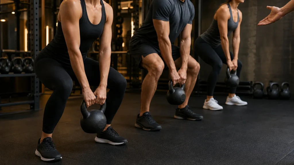 Uczestnicy małej grupy wykonujący trening z kettlebell