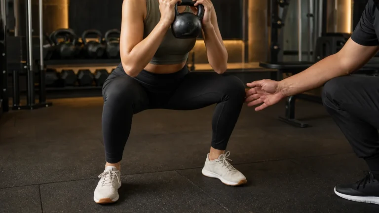 Nauka przysiadu z kettlebell podczas treningu personalnego